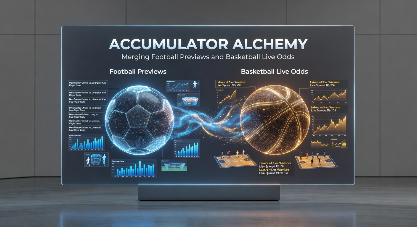 Grafik zeigt ein Akkumulator-Wett-Schema mit Fußball-Formationen und Basketball-Spieluhren, die sich zu einer alchemistischen Formel verbinden