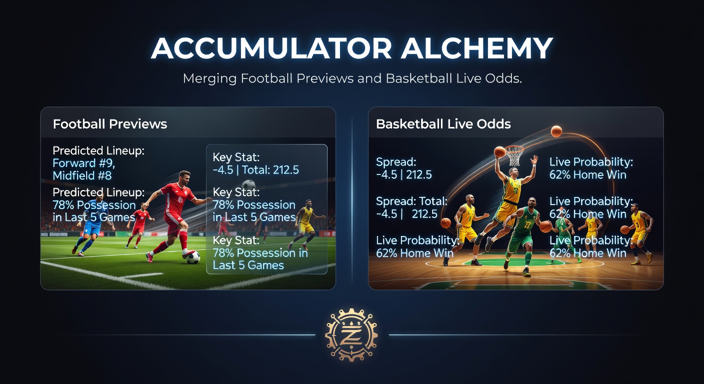 Live-Quoten-Dashboard mit Basketball-Spielstand und Fußball-Vorschau-Overlay, illustriert dynamische Quote-Änderungen während eines NBA-Playoff-Spiels