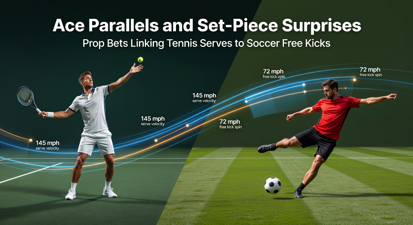 Fußballfreistoß-Szene mit Torjubel, neben Tennis-Ace-Moment, illustriert Prop-Bet-Verknüpfungen