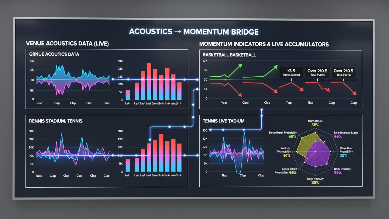 Tennis-Court mit akustischen Sensoren und Momentum-Diagrammen während eines Matches