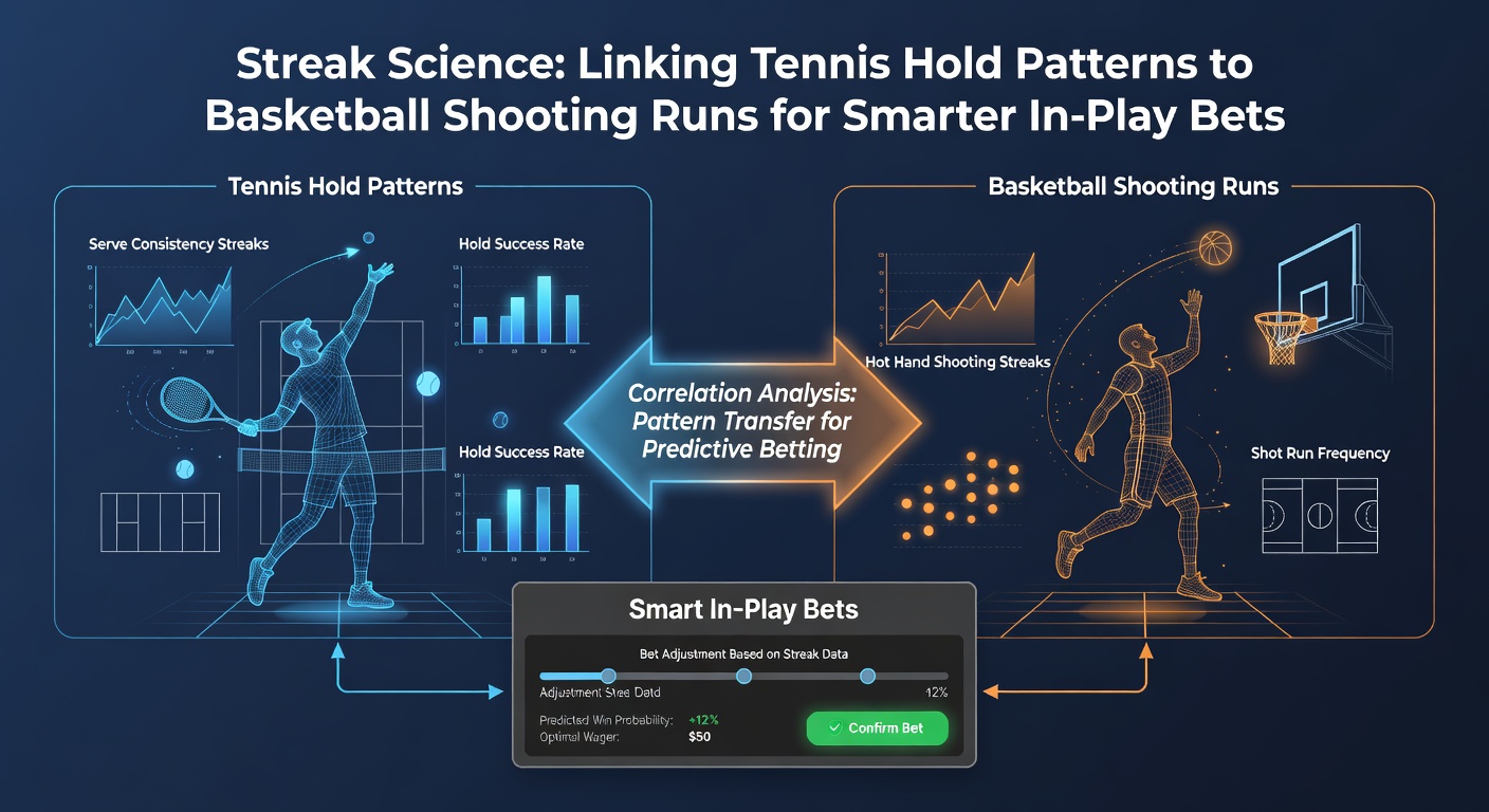 Tennisspieler serviert auf dem Court während ein Basketballkorb im Hintergrund sichtbar ist, symbolisierend die Verknüpfung von Hold-Patterns und Shooting Runs